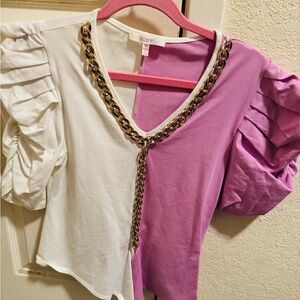 Pastels White and Lavender V-Neck Puff Sleeve Top with Gold Chain